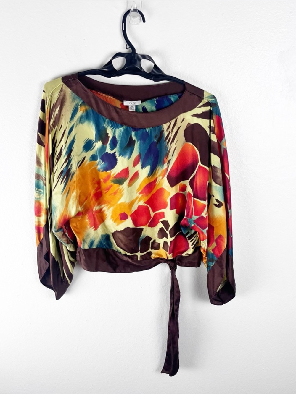 CACHE’ 100% Silk Multicolored Tie Waist  Abstract Print Top Size XS Y2K Artsy